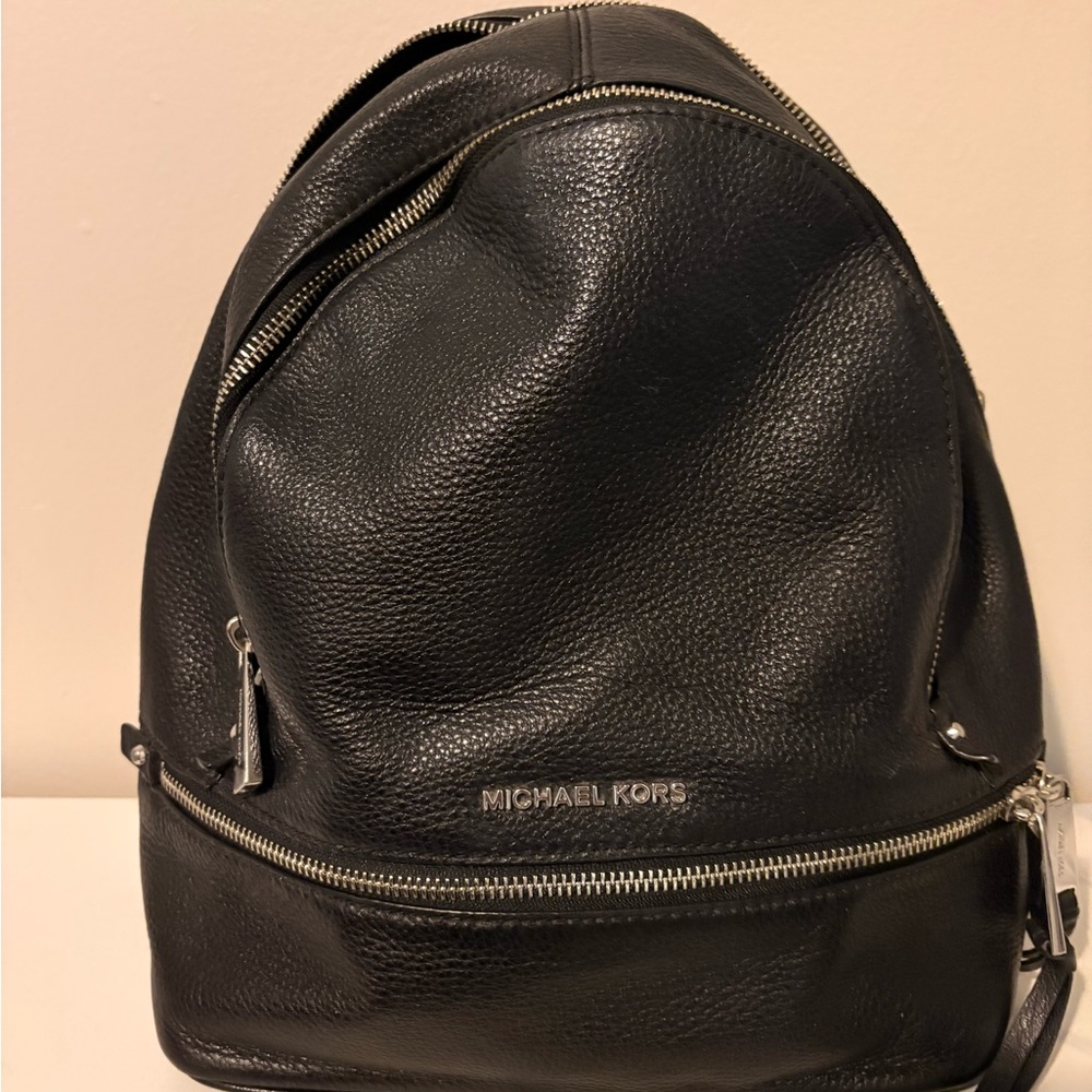 Michael Kors Black Pebbled Leather Backpack with Silver Hardware